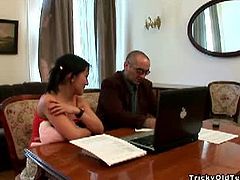 Dark haired teen in pigtails isn't paying attention on her old teacher's teachings. Being naughty as she is, she is more interested  on his huge bulge wanting to suck and fuck it.