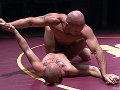 The wrestling arena has been reserved for Mitch and Eli, two angry studs with tattoos and well-defined muscles. See them struggling to win the fighting. Their naked bodies crawl on the floor until the referee intervenes and announces the winner. The loser has to suck his opponent's cock. Click to watch!