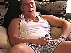 Solo chubby straight amateur tugging his dick at home alone