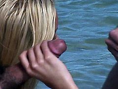 Barbie Banks is enjoying the warm water at the beach, when approached by a couple surfers, who ask if she'd like to participate in a hardcore, threesome, where she will be giving one man a reverse handjob, while giving the other man a blowjob. Soon, this natural boobed beauty is getting a DP followed with more handjobs for facial cumshots.