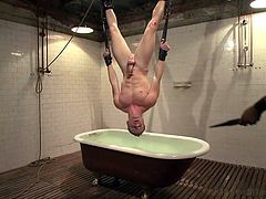 This gay pain slave is hanged upside down over top of a bathtub of cold water by his mean master. The master firmly grab the slaves cock and stokes the rock hard erection. The muscular gay slave moans as her is wanked. Will he get to cum? Will the slave get dunked int he cold water?