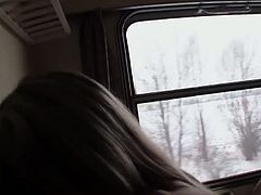 This guy picked up a silly blonde from the train station. He paid her to take his cock while they were travelling by train. She ate his spunk as a bonus for him.