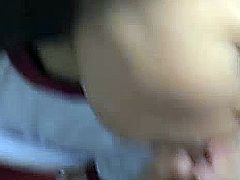 Asian teen cum guzzler swallowing jizz after sucking dick pov