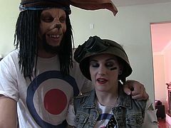 These fuck buddies are dressed up in some weird costumes and getting ready, to film a nasty sex scene. The guy is wearing a weird looking creature mask and big ears, while the cute girl is wearing a sexy army uniform and camo. They run around in the yard and rub against each other in the living room.
