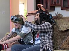 These fuck buddies are dressed up in some weird costumes and getting ready, to film a nasty sex scene. The guy is wearing a weird looking creature mask and big ears, while the cute girl is wearing a sexy army uniform and camo. They run around in the yard and rub against each other in the living room.