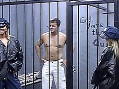 A hot day in the prison!Two blonde guard-women whores are assaulting the muscled bad guy from his cell. They start a hot threesome, licking and kissing each other, sucking dick and cunnilingus, pussy fucking in 69 position. In the end the sluts are sharing the cumshot from mouth to mouth.. WoW!!!