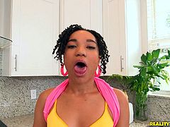 ebony with small tits and in bra shows her nice ass removes her panties and masturbates warmly then blowjobs and rides cock on cumshot