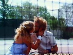 This blonde beauty didn't want to play tennis anymore, so her lover took her in the pool and impaled her hairy cunt with his manhood. Way better than tennis.