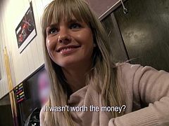 Gorgeous blonde babe with long hair and piercing undressing as she sees money then yells in ecstasy as she gets throbbed hardcore