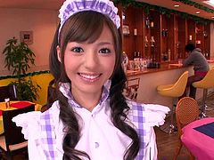 The cute maid brings out the warm food to her customer. The omurice looks tasty, but her sexy body looks even better. He whips his cock out and she plays with it, but soon more customers want a handjob from her, so they all gather around her, as she kneels. Look at her suck all those cocks.