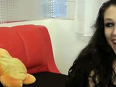 Insatiable black haired dumpster in pink fishnets presents hard solo