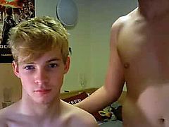 A cute blonde twink and his frat brother experiment with gay blowjobs.