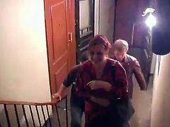 Chubby Russian Milf fucks 2 men in stairs