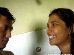 Naughty Indian babe gets filmed by her boyfriend while she sucks on his hard cock