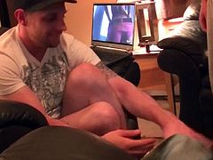 Straight guy chilling out in his couch and feeling his bulge as he is watching a straight porn when suddenly a stud caught him and suggesting to help him suck his cock.