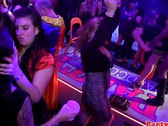 All these party girls are shameless. They play with dicks in public, at a club where they went to get some. The guys they play with are muscular and horny.