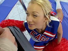 This is her kind of workout exercise and you will surely love her too as busty blonde cheerleader gets fucked hard in the gym.