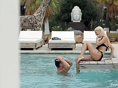 Wow, take a look at this beautiful woman. She is sitting by the swimming area, relaxing, when her man comes out of the water. He undresses Nancey and lays her on her back, so he can eat out her dripping wet vagina.