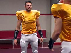 These gays are star football players and today, they are in the ring, and ready to wrestle. They strip out of their football uniforms into tiny, skimpy undergarments. They roll around in the ring and try to pin each other. Watch their cocks flop, as they fight.