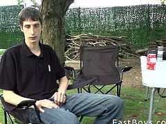 This twink is a newcomer. He talks a little about himself and then he pulls out his balls, holds them in his hand and strokes his dick with his other hand.