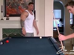 These two guys dares for fun as they bet in a pool game and decides who is in the top and the bottom on their incoming hardcore session. The hunky one wins the game and starts fucking hard this white twink.