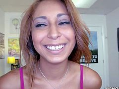 Exotic looking chick Sarai with tan mocha skin removes her top and bra in a playful manner to show her big natural boobs. Topless girl puts her wet juicy boobs on display with real enthusiasm, Shes proud of her jugs!