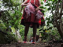 Sissy Ray in Red Sissy Dress outdoors 3a