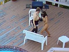 Sexy Lesbians with Big Tits in Stockings have fun at Pool Fingering Licking and Inserting Toys into their Pussies in Outdoor action