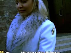 Well hung guy looks for girls in the street and offers them money in exchange for money. In this video she finds a hot blonde slut who accepts the money, she gets on her knees, swallows that cock and gets her pussy fucked doggy style.