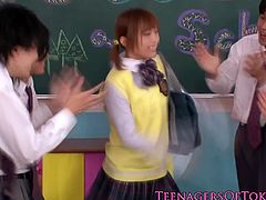 Japanese schoolgirl so innocent but curious and got cornered by her horny classmates as she volunteered to suck their cocks one by one before drenching her face with cum.