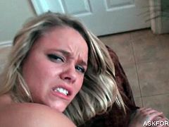 Sweet hot blondie gets her ass hammered doggie on couch