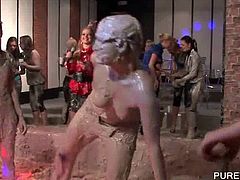 Lesbo excited bitches wrestling in mud at a WAM sex party