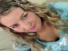 Blonde Nikol with juicy tits and hairless snatch playing with dildo