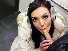 This beauty is a dream! Slim, dark haired and with an angelic face, the chick has it all and further more, she a little crazy in a very sexy way. When she feels naughty, she goes wild, like here, pulling down her pants in the streets and then, sucking cock in a public bathroom. Don't want to miss her!