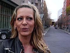 Eve flashes her giant tits on the street before coming back to his place where she moans while she gets her tight pussy fucked.