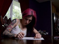 Joanna Angel gets so turned on writing in her journal she takes her shirt off