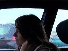 Bushy Eurobabe gets fucked by stranger in the car for cash
