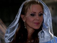 Beautiful blond-haired MILF pornstar Julia Ann with nice big melons gets her mouth filled with hard dick in Cinderella XXX parody. Watch beautifully dressed woman give head.