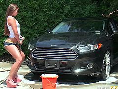 A naughty babe is washing her car, not knowing that she is watched. The guy cannot hold his cock in his pants, as the image of her lovely ass is so inciting. To spice up the atmosphere, click to see Amirah's buttocks soaped and washed... Watch this slutty babe getting on knees, to taste dick!