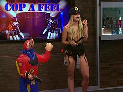 The Playboy Morning Show was interviewing a woman, who fended off an attacker, using the self defense skills. Apparently, there was an interesting story, because they made up a game based on that. Two hotties dressed like cops had to run through a course and take out a fake attacker. Funny!