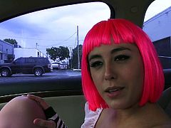 Cosplayer with a pink wig and a great ass got into a car with a stranger. She said that shes there just to give him a blow job. But, things get heated and something else happens, as well