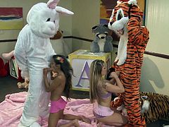 Hot blooded sexy Lupe Fuentes and Sienna Milano get down on their knees give head to guys in costumes. Watch bunny and tiger get their real hard cocks sucked in insane foursome.