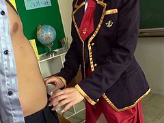 Naughty Asuka is wearing a kinky school suit, which makes her looks really hot. Click to watch the brunette slutty Japanese on knees, sucking her lover's cock with enthusiasm. This sexy babe is about to get pounded hard from behind right in the classroom. Have fun!