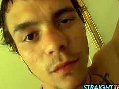 Bathroom stroke and suck with horny straight amateur thugs