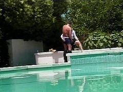Cute cock sucking chick gets fucked and her face creamed by the pool