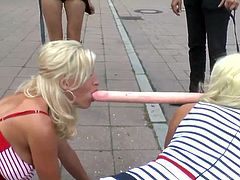 It seems that Mona Wales has got new pets. Two gorgeous blondes, Laela Pryce and Manu Magnum, are willing to walk obediently on a leash, in the city center, along the streets full of people, just for the pleasure of their mistresses. Very obedient pets! Enjoy!