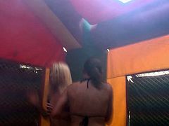 These dirty girls are such sluts and they are in need of some money so, that mean they are willing to get naughty for some cash. The hotties jump into a monnbounce and hop up and down, so their beautiful breasts can jiggle.