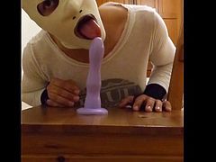 Crossdresser in white mask dildo POV deepthroat