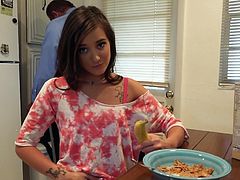 A horny young lady with long dark brown hair is in the mood for playing dirty. She acts very provocative during taking breakfast, and suggests that she would like to taste cock. Watch her biting from a banana, than bending over lasciviously to suck dick.