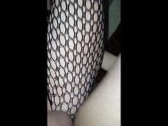 Hot babe in fishnet blowjob and sex